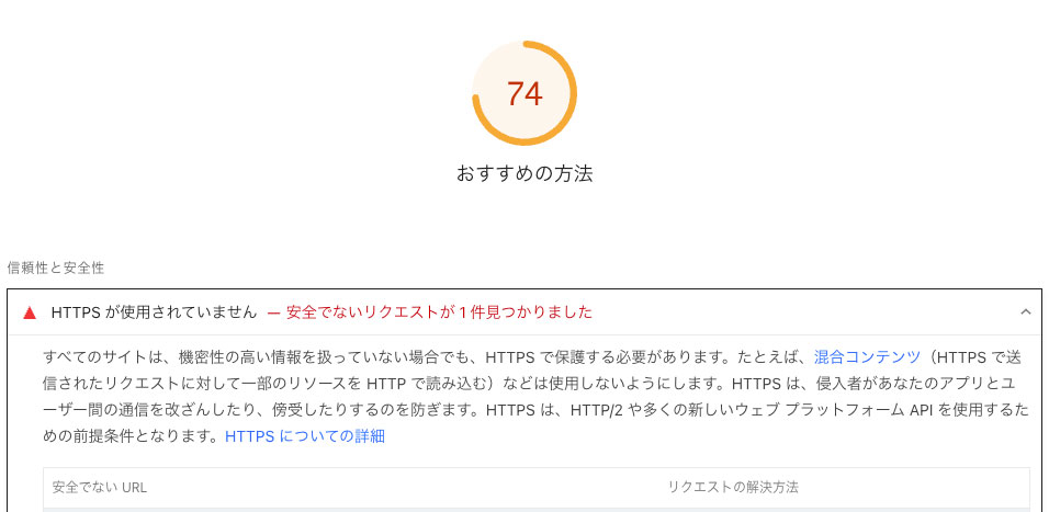PageSpeed Insights 実際のエラー画面